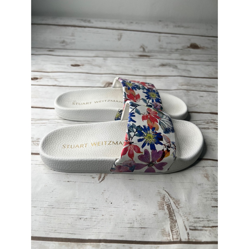 Stuart Weitzman Slide Sandals White Floral Print Luxury Summer Shoes Size 6
